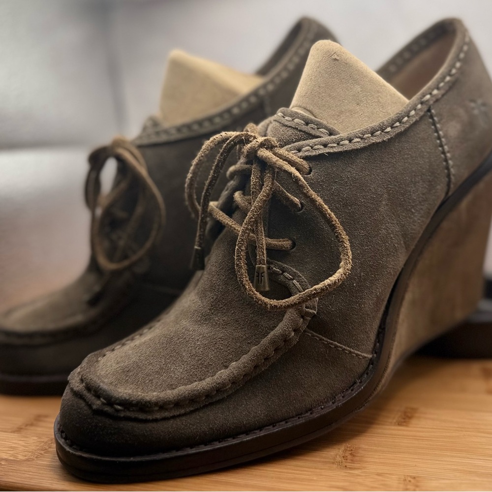 Frye Caroline Lace Low Suede Wedge Shoes soft brown Women’s 8.5 - Picture 2 of 8